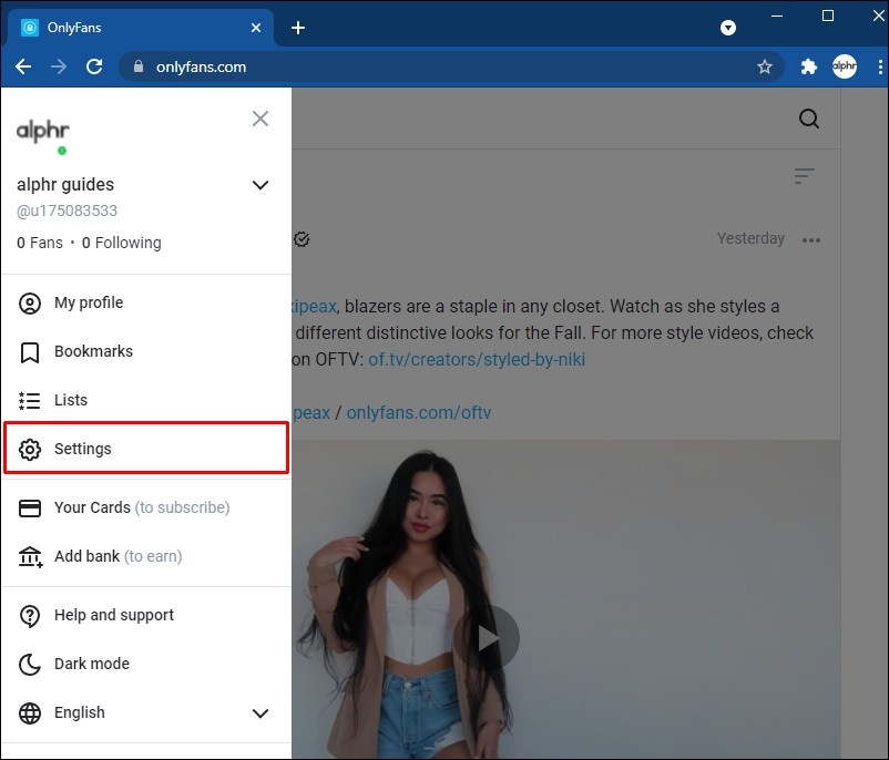 Open Settings in OnlyFans Account Menu Open Settings in OnlyFans Account Menu